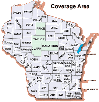 Wisconsin Counties Map - Coverage areas in Price, Taylor, Marathon and Clark